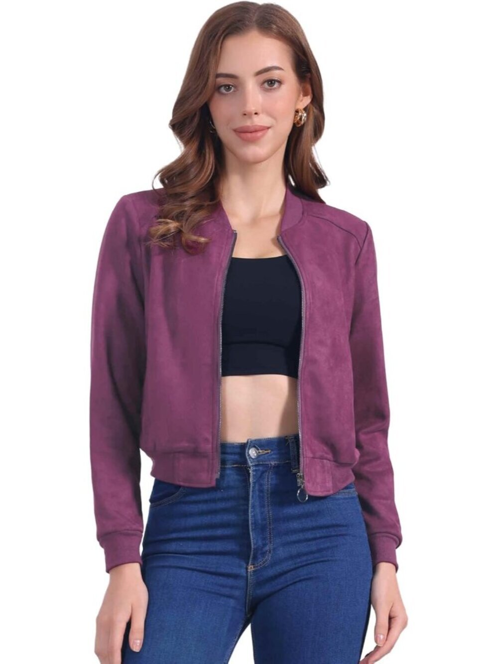 Women's Faux Suede Cropped Stand Collar Zip Up Biker Moto Bomber Jackets Purple